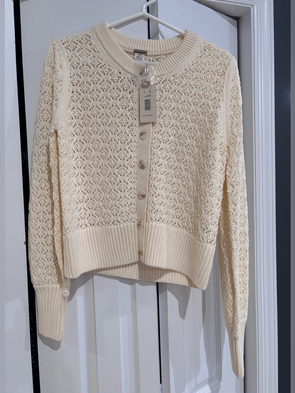 Magaschoni Creamy White Crochet Open-Knit Button-Front Cardigan, size Medium NWT - Picture 11 of 11